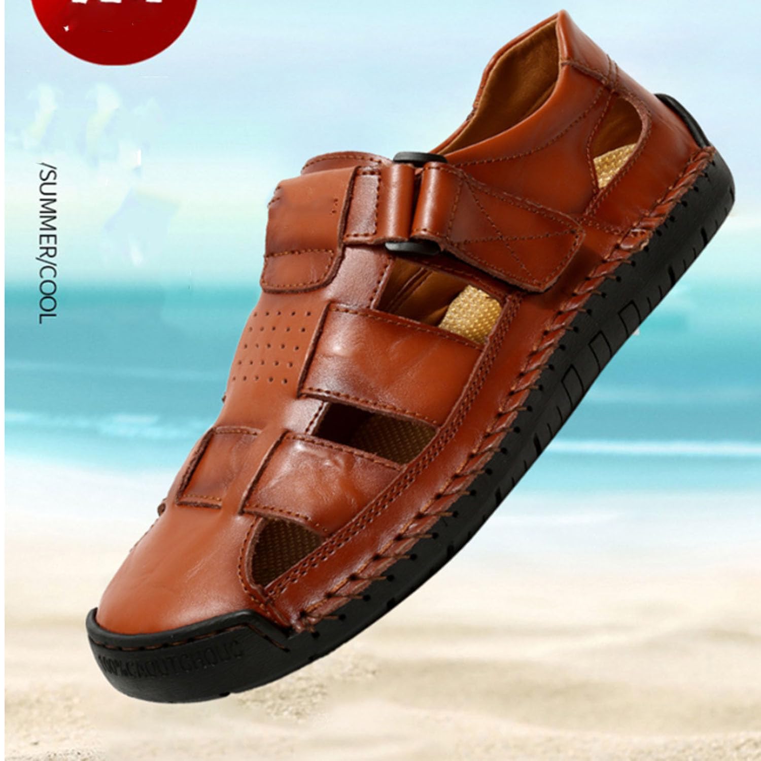Sandalias de cuero con puntera cerrada para hombre, sandalias ortopédicas de verano para hombre, transpirables, cosidas a mano, zapatos de pescador de cuero para caminar, senderismo, playa
