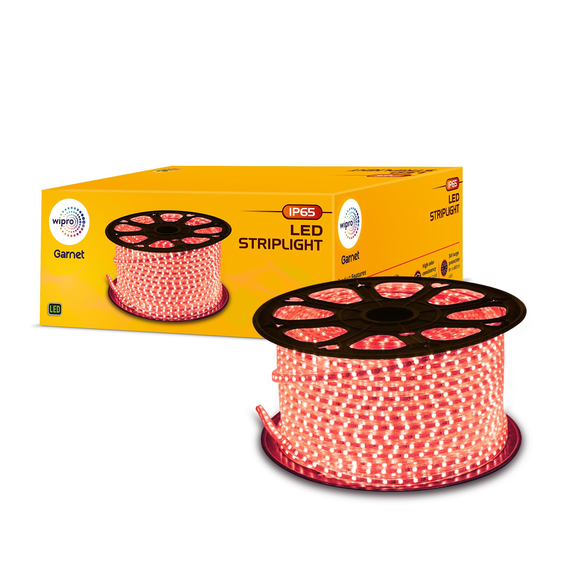 Wipro Garnet 50m LED Strip Light, 96 LEDs per Metre, Red, IP65 Waterproof Flexible Rope