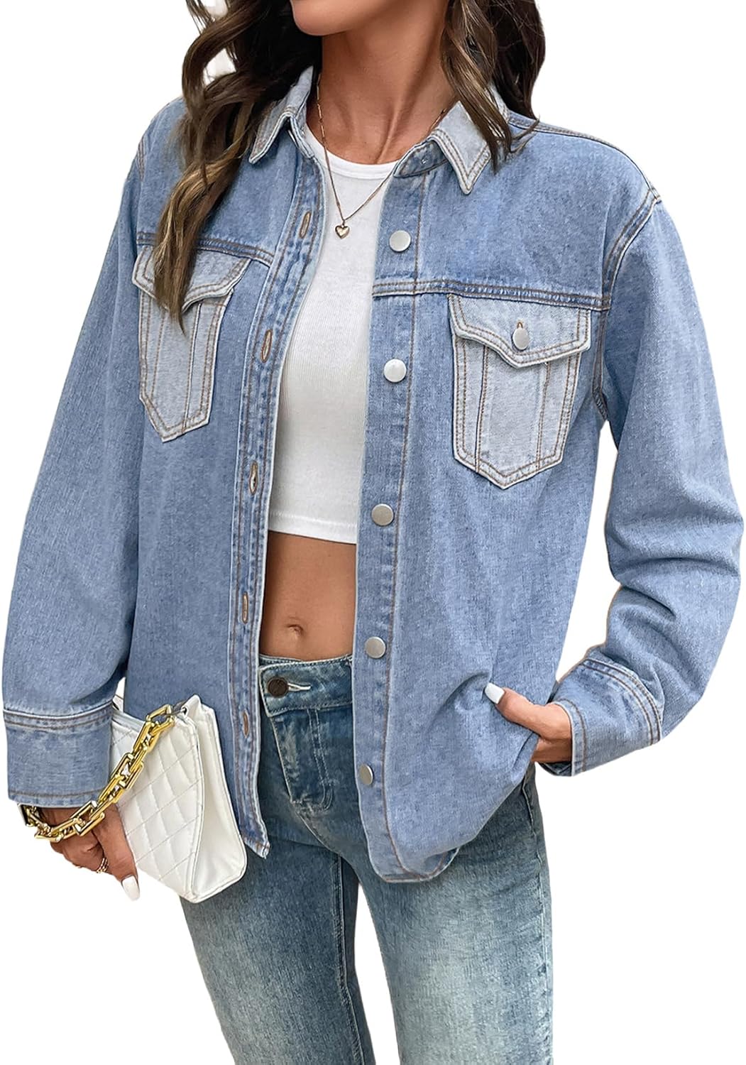 Sidefeel Women's Jean Jacket Oversized Boyfriend Shacket Button Down Long Sleeve Trendy Tonal Wash Denim Jackets