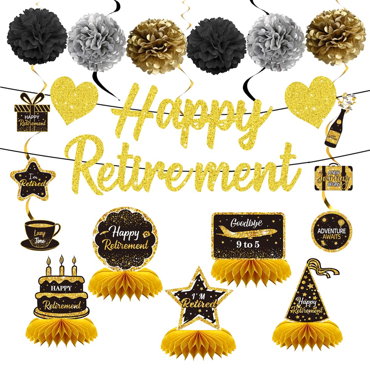 Plceucsrs 18Pcs Retirement Party Decorations, Black & Gold, Happy Retirement Banner, Honeycomb Centerpiece, Hanging Swirls
