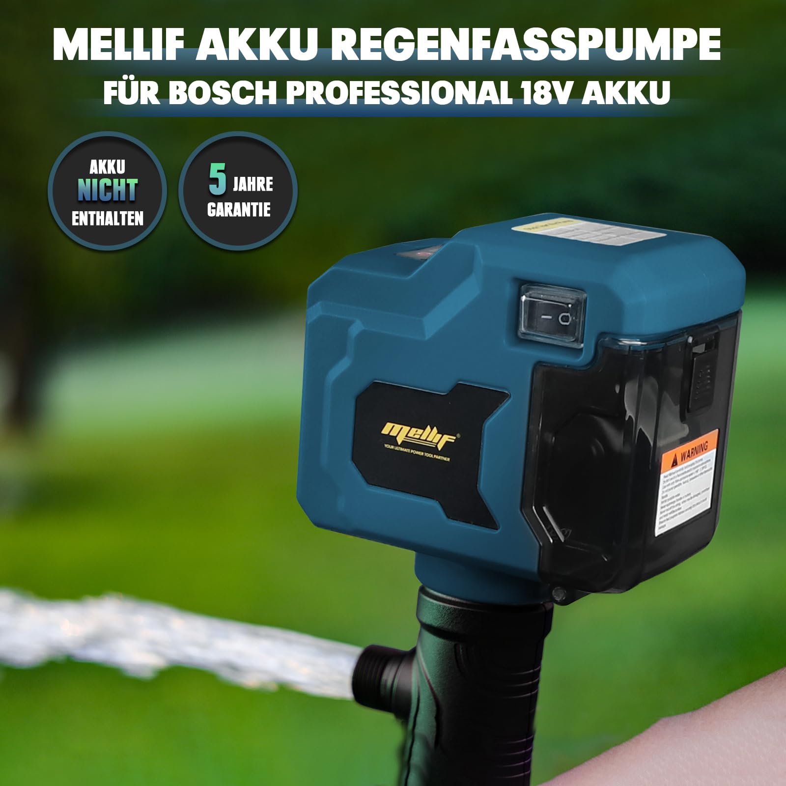 Mellif Akku Regenfasspumpe kompatibel mit Bosch professional 18V Akku, Wasserpumpe (Bürstenlos Motor, max. Fördermenge 2725 L/h,Förderhöhe 8 m,3-stufiger Durchfluss) für Regenwassertonne (Ohne Akku)