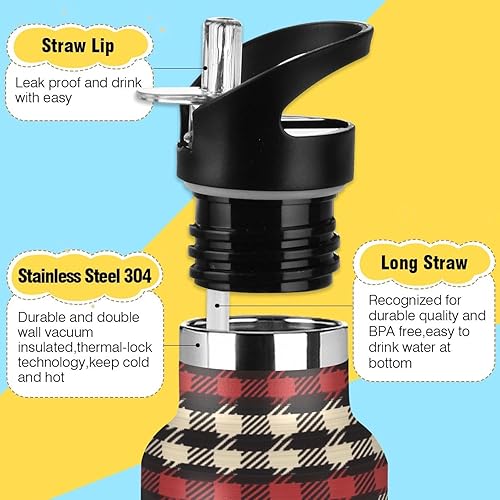 Miniatura 3 de Herringbone Houndstooth Checked Neutral Red Double Wall Vacuum Insulated Bottles Water Bottles With Straws Leak-proof BPA-Free Leak Proof for Gym