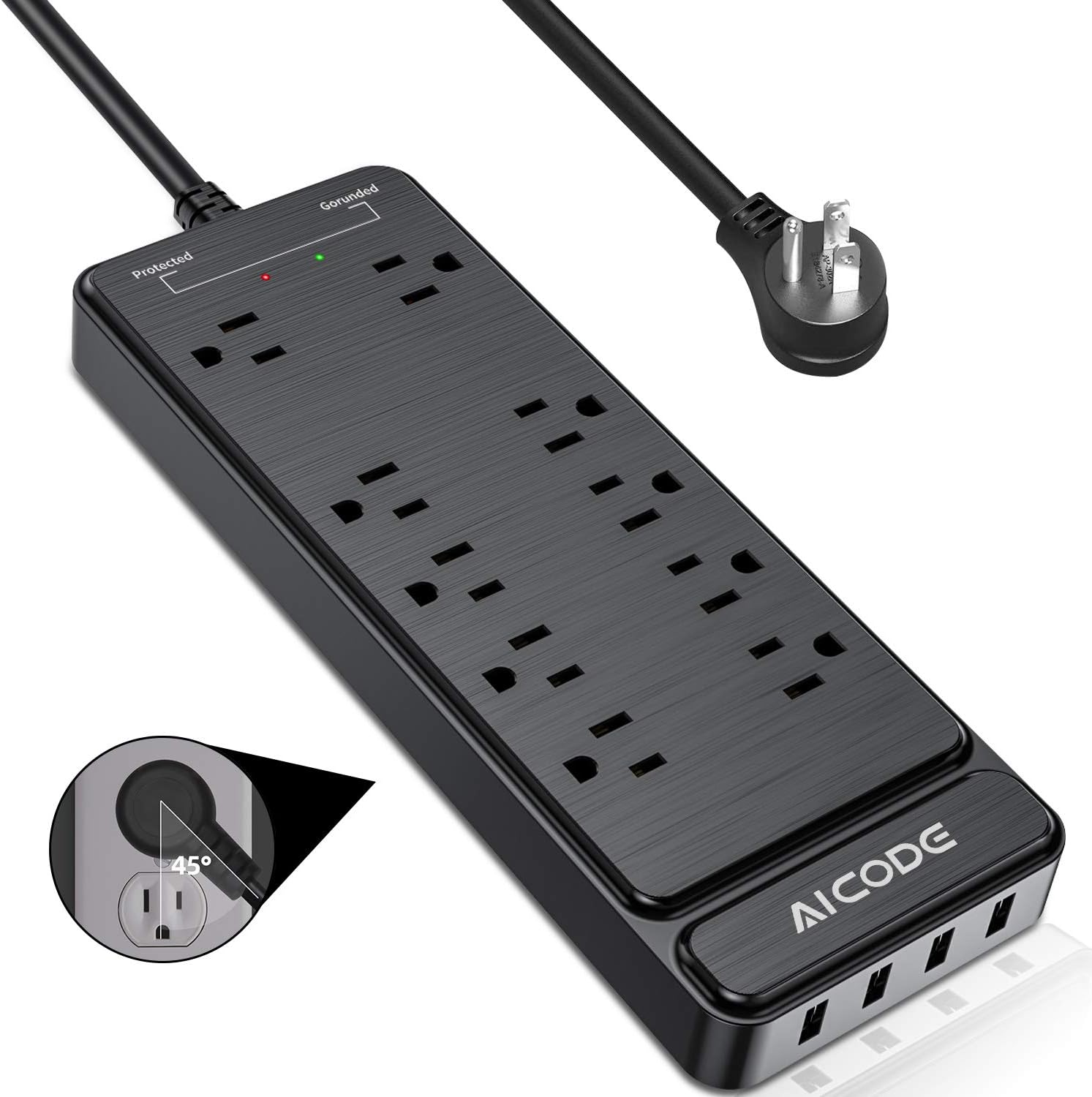 Power Strip Multi Plug Outlet Surge Protector,Flat Plug Extension Cord,Wall Mounted Power Bar with 10 Outlet and 4 USB Ports,6Ft,Surge Protection 2100J for Home,Office Essentials,Black,ETL Listed