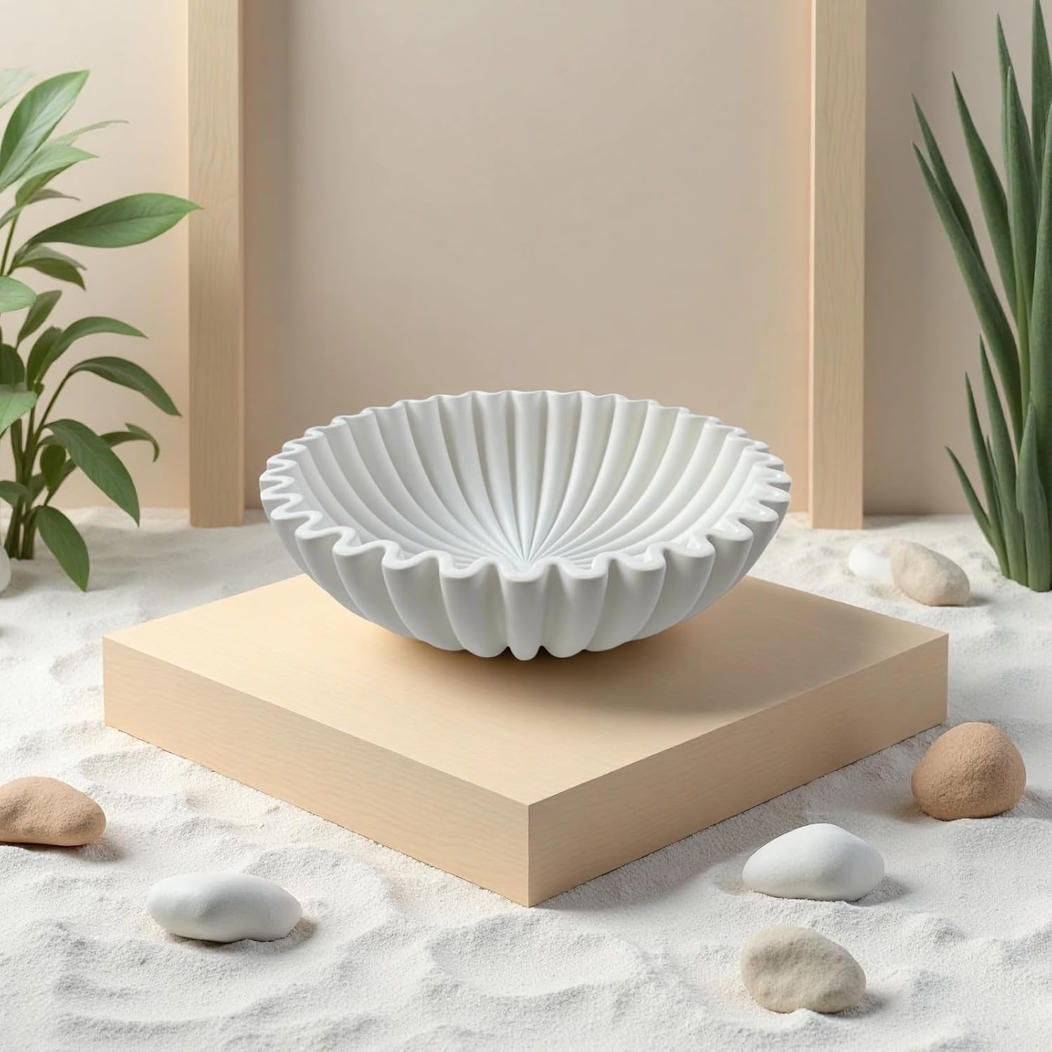 White Scalloped Decorative Bowl, 9.8 in / 25 cm Resin Centerpiece, Unique Groove Design, Coffee Table or Living Room Decor, Versatile Storage