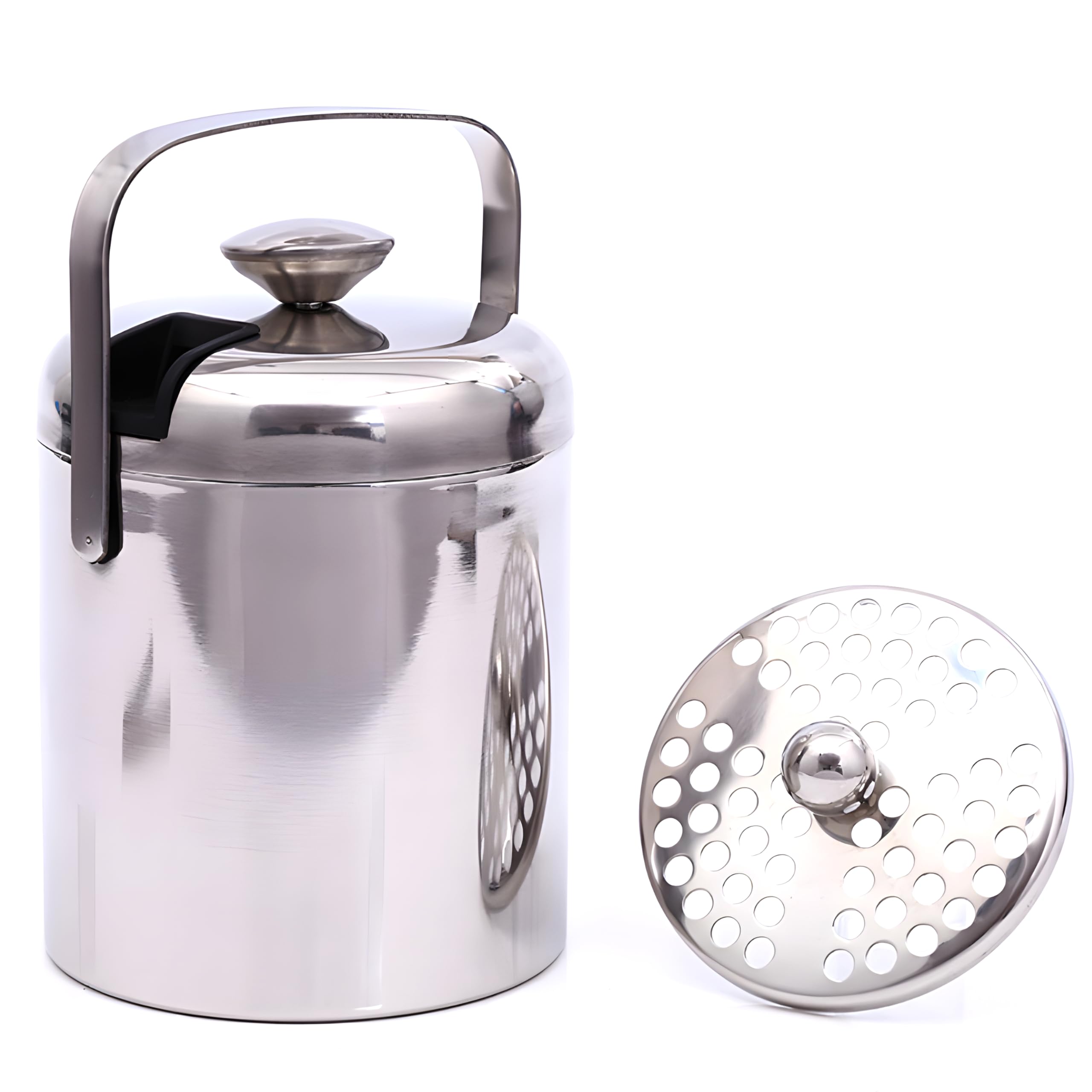 Retoo Secchiello ghiaccio con coperchio e pinza, contenitore per cubetti di ghiaccio, a doppia parete, in acciaio inox, 1,3 litri, per cubetti di ghiaccio, spumante con manico, 20 x 14,5 cm