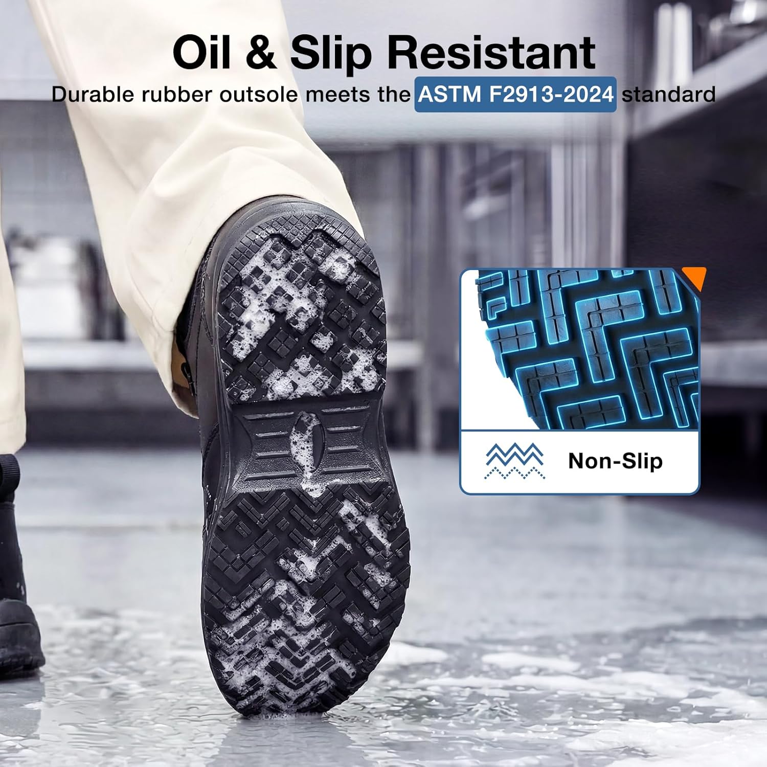 NINGO Non Slip Work Boots for Men, Comfortable Slip Resistant Shoes with Ankle and Arch Support, Oil & Water Resistant, Lightweight Black Work Boots for Food Service, Chef, Kitchen, Restaurant