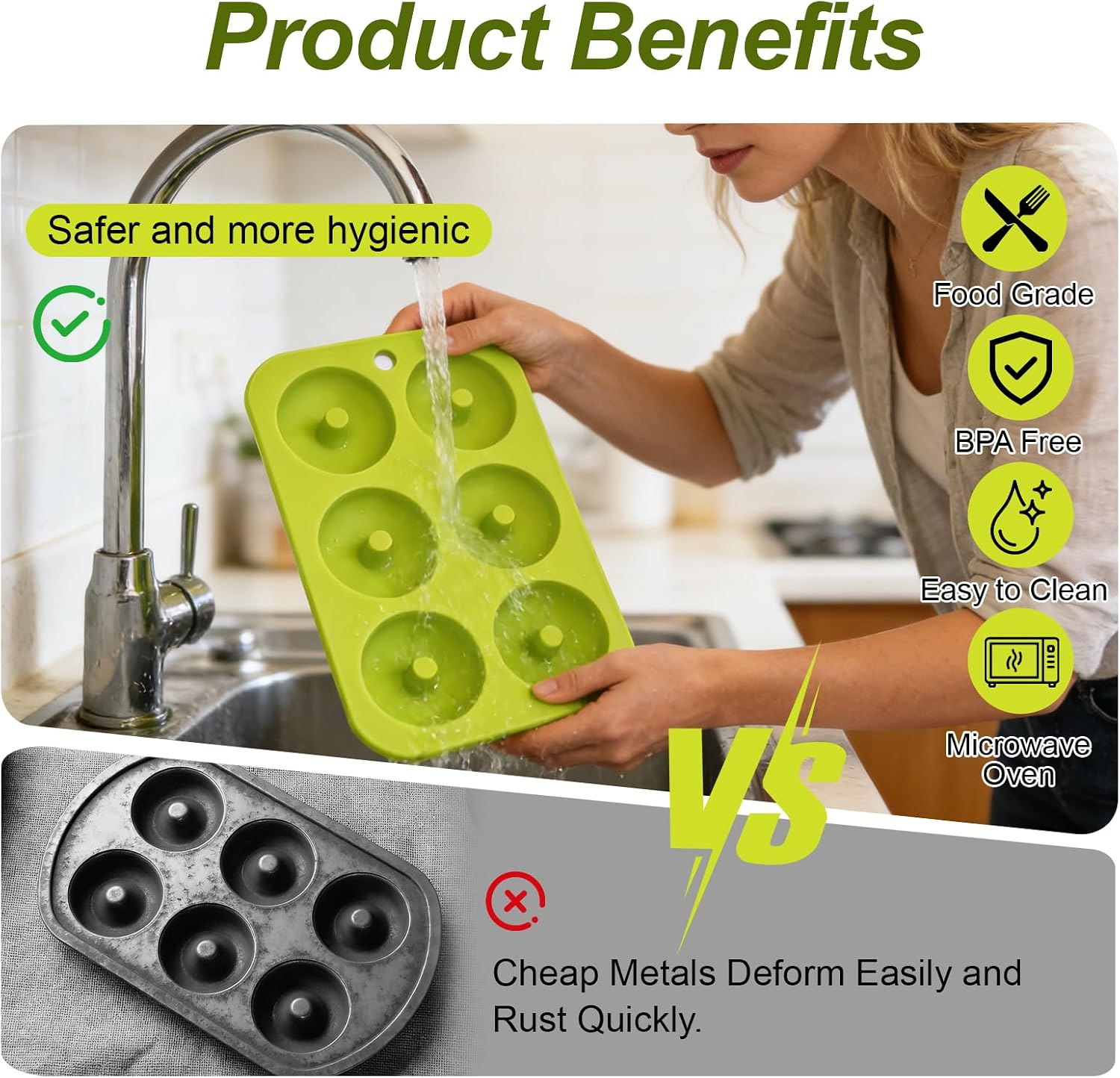 Silicone Donut Mold 2 Pack, 12 Cavity Donut Pan for Baking Homemade Donuts, Food Grade Nonstick Silicone Mold with Easy Release, Reusable Donut Pan for Cakes, Chocolate and Desserts, Blue & Green