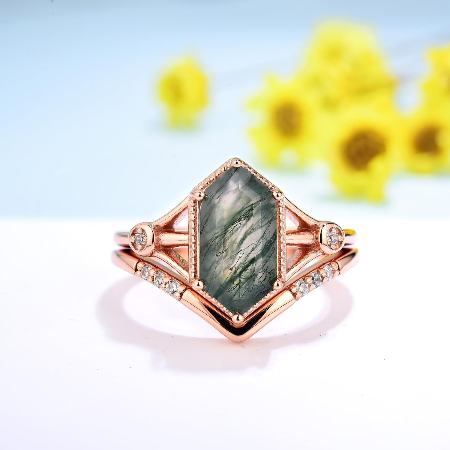 Natural Moss Agate Gemstone Rings for Women Solid 925 Sterling Silver Rings for Women Trendy Hexagon Engagement Wedding Ring Gift - Image 2