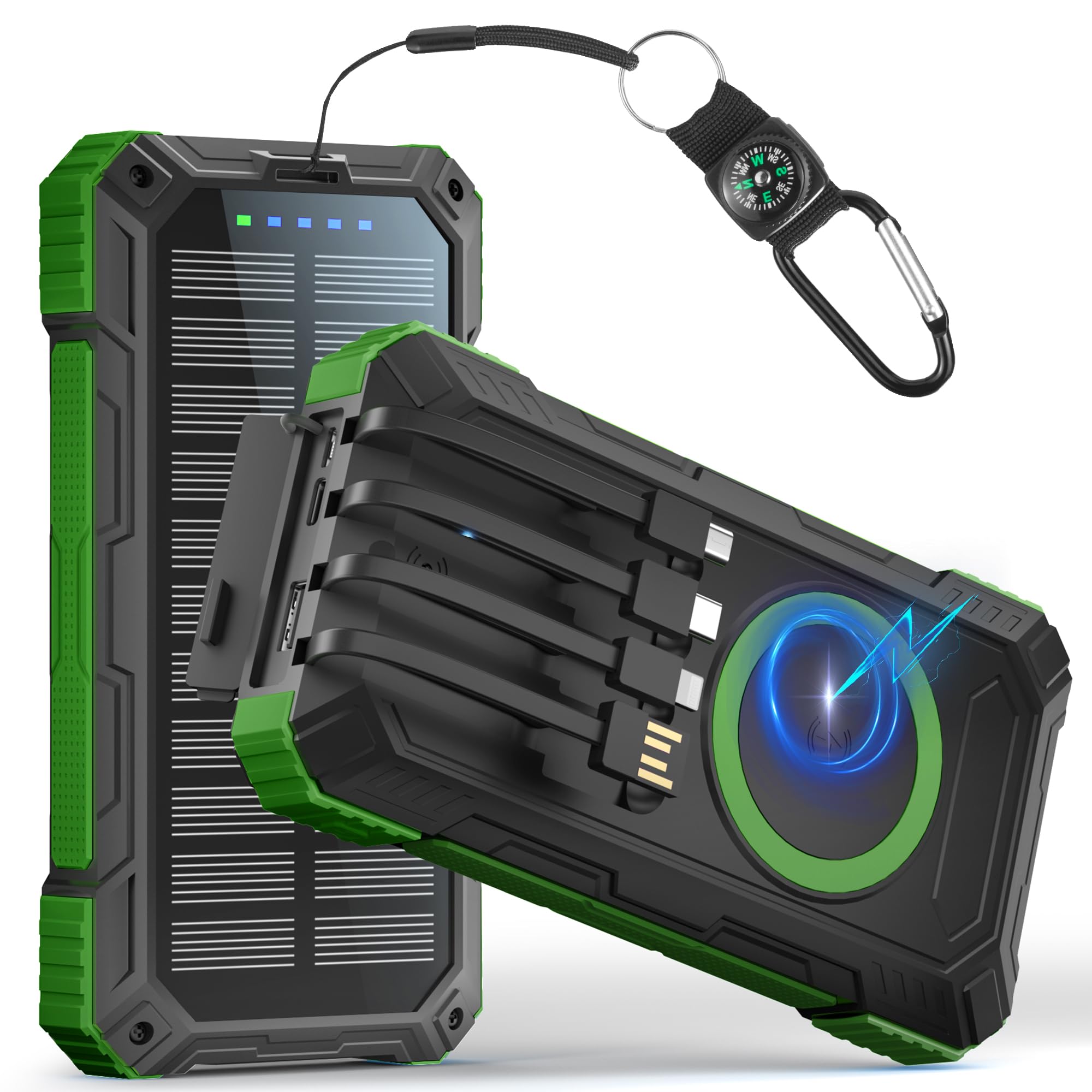 56800mAh Solare Power Bank con 4 Cavi,PD30W Caricabatterie Ricarica Rapida | Portatile Solare Power Bank Senza fil con Torcia LED | Bussola, 6 Uscite 3 Ingressi per Smartphones,Tablets