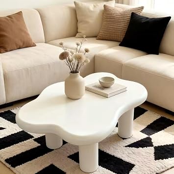 Cloud Shaped Coffee Table with 4 Legs, Sturdy Low Modern Wooden Coffee Table with Wood Veneer, Living Room Accent Tea Table, White