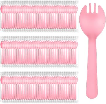 Tioncy 150 Pcs Disposable Plastic Sporks Individually Wrapped Disposable Sporks 4.5 x 1.26 2 in 1 Fork and Spoon Set Serving Utensils for Dessert Restaurant Party SupplyPink