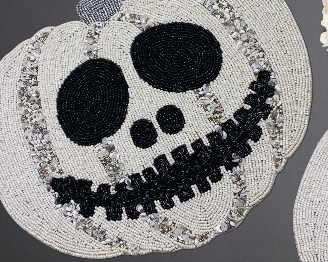 Set of 2 Pumpkin Handmade Bead placemat, Beaded Charger, Beaded Table mat, White and Black Centrepiece, Gift for her, Embroidered ZARIMOON