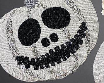 Set of 2 Pumpkin Handmade Bead placemat, Beaded Charger, Beaded Table mat, White and Black Centrepiece, Gift for her, Embroidered ZARIMOON