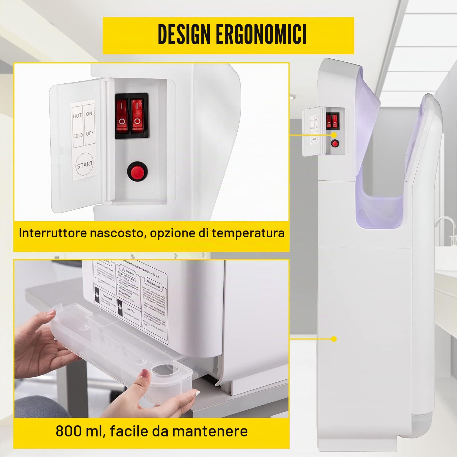 VEVOR Asciugamani Elettrico 2000W Verticale, Asciugamani Automatico Elettrico con Filtrazione HEPA, Asciugamani ad Aria Calda a Temperatura 43℃ per Asciugare le Mani Velocemente, Bianco