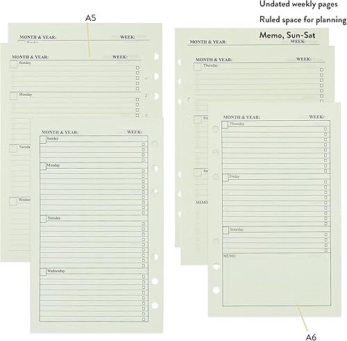 Miniatura 5 de Papel de Recambio A5 de 90+54+14 con Insertos de Planificador de Calendario Semanal Mensual Sin Fecha, Papel de Hojas Sueltas de 6 Anillas con