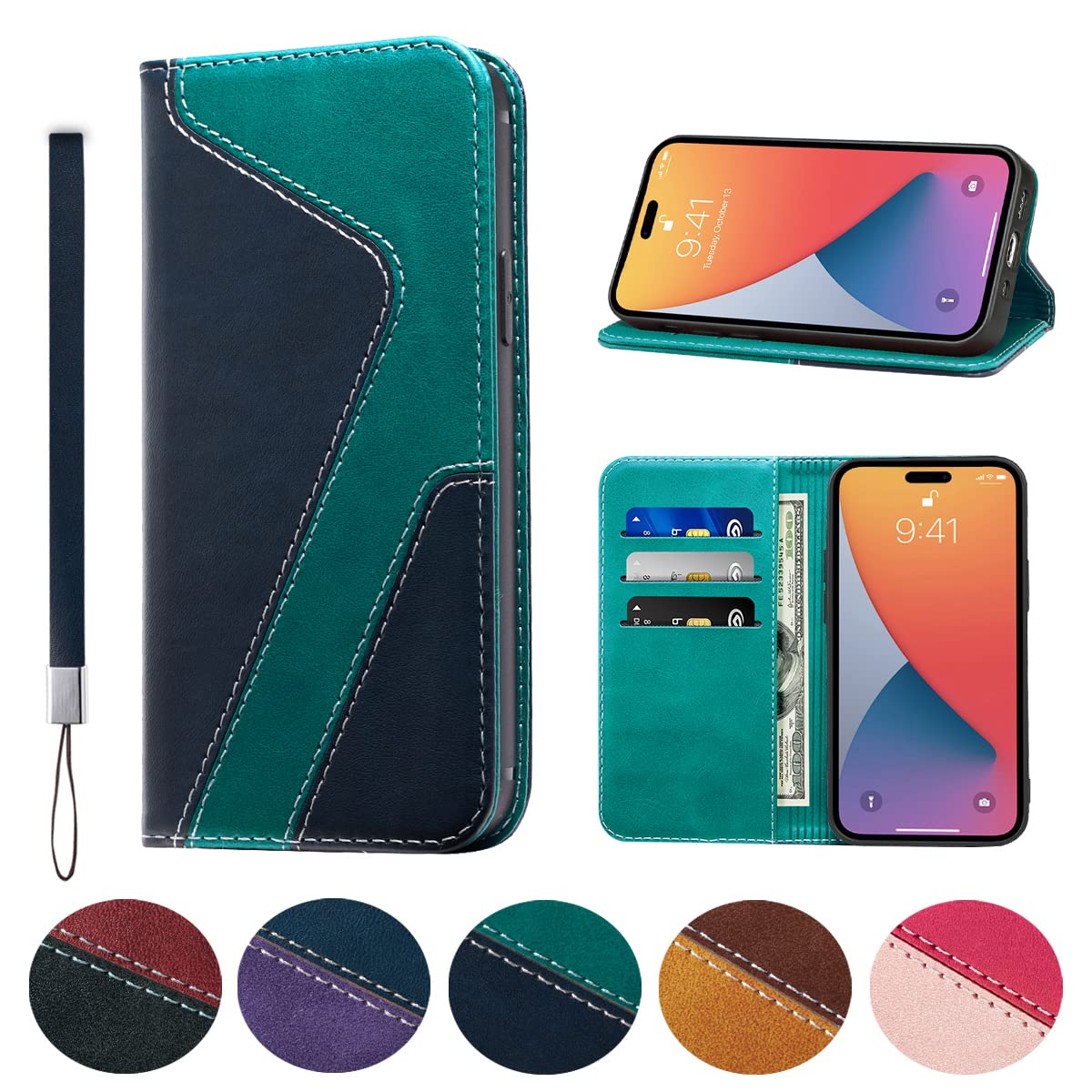 WANDI QAQ iPhone 14 Pro Case Leather flip Wallet with Hanging Rope Card Holder Slots Magnetic Folio Shockproof Proof Protective mix colors style iPhone 14 Pro Cover -Blue&Mint Green