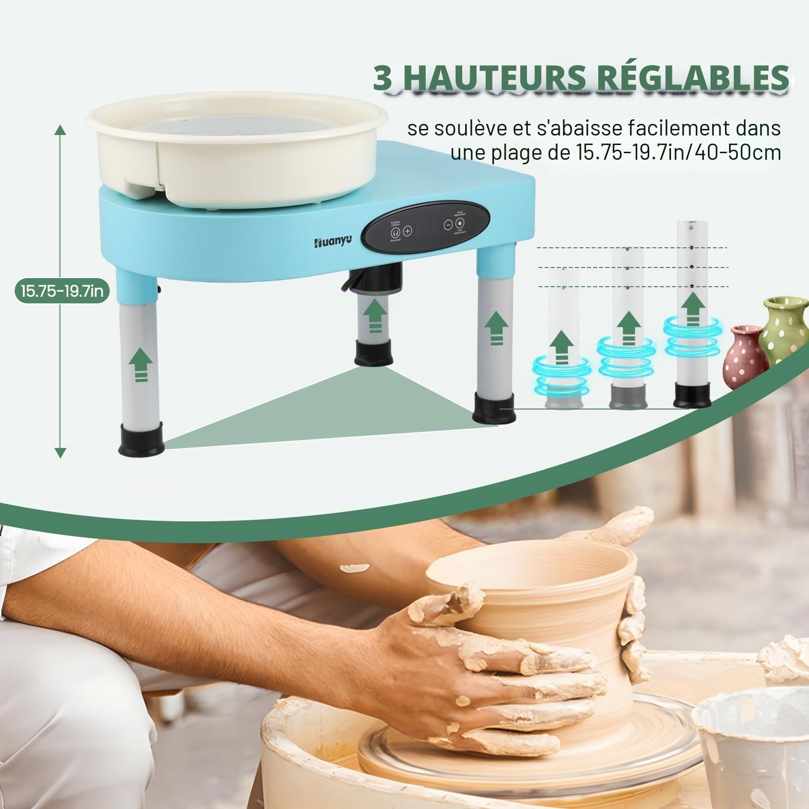 Huanyu Roue de poterie de 30 cm avec pieds réglables et pédale de commande Machine à céramique électrique de 350 W avec bassin amovible et kit d'accessoires de poterie