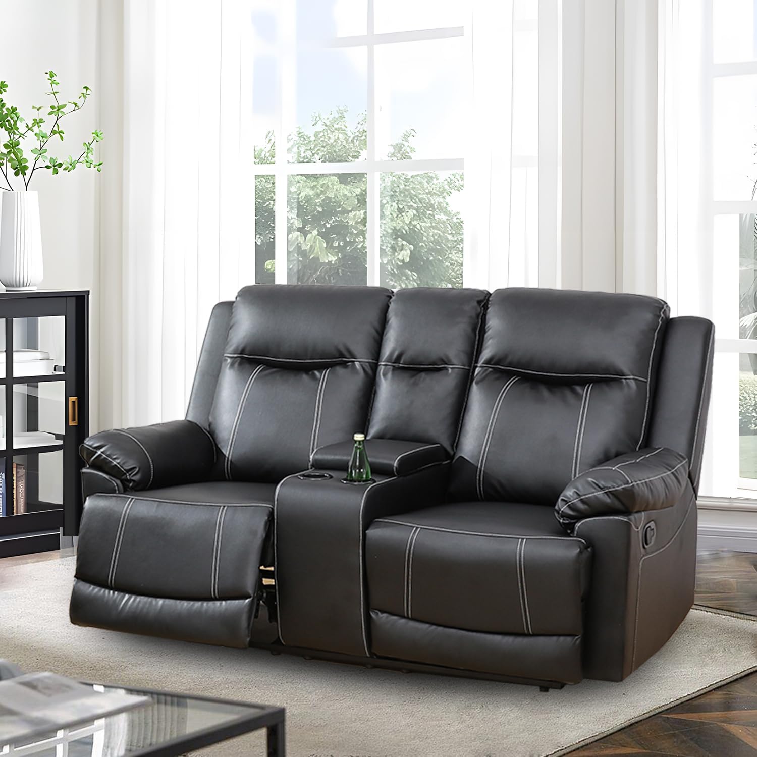 Manual Recliner Sofa Set, Bonded Leather Sofa with Recliners, Reclining Couch with Storage Console and Cup-Holders for Living Room/House/Bedroom/Office/Apartment (Brown / 3 Pieces Set)