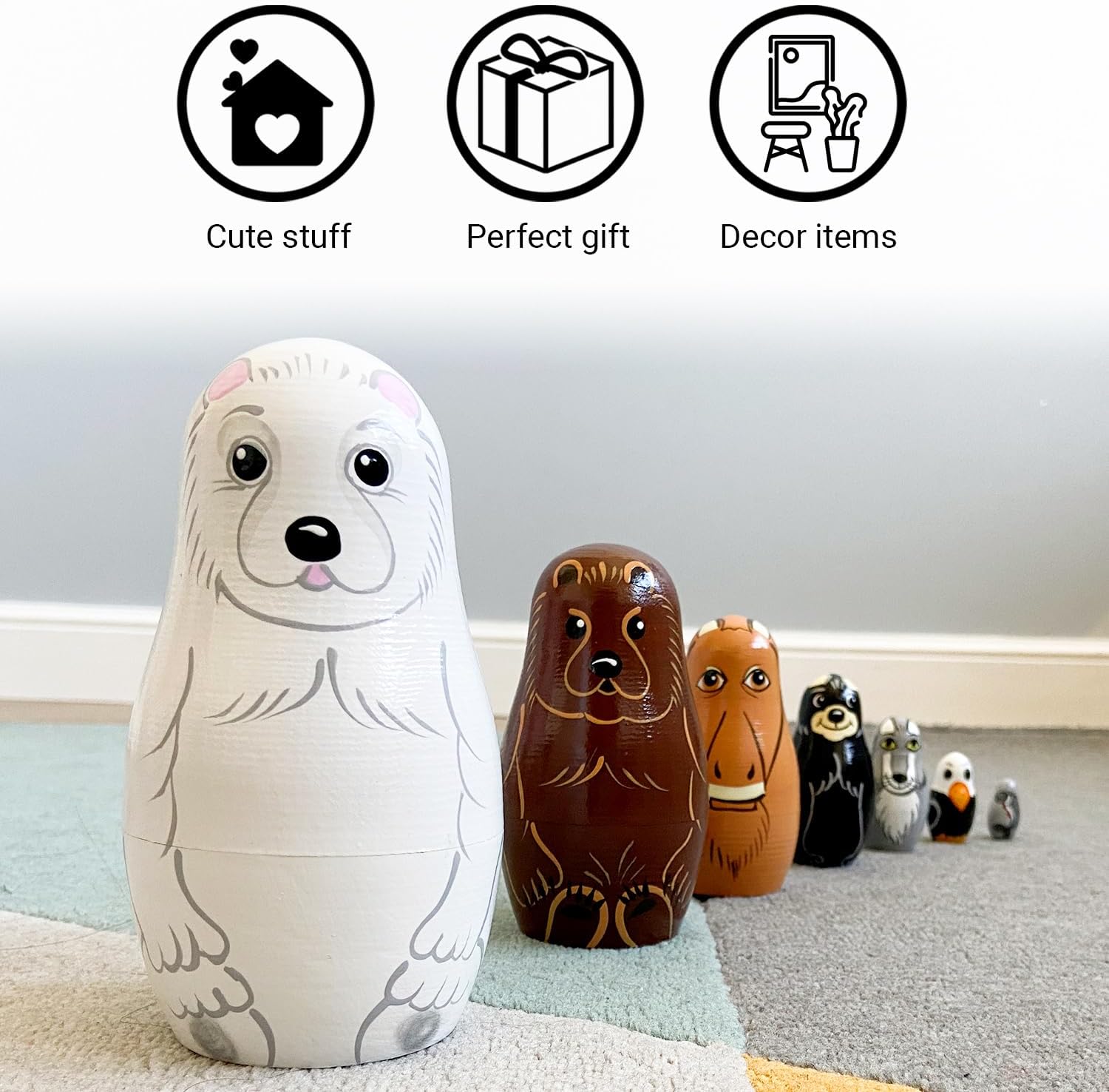 AEVVV Wooden Animal Nesting Dolls Set of 7 pcs - Matryoshka Polar Animals Figurines - North American Animals Alaska Souvenirs - Matryoshka Doll