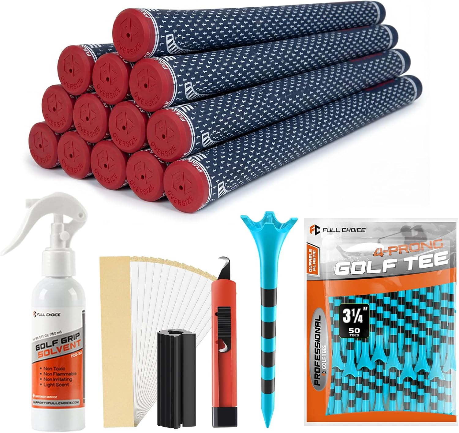 Golf Grips & Tees Bundle: 13 Pack Jumbo Size Anti-Slip Rubber Golf Grips + 100 Pack 3-1/4" Durable Plastic Golf Tees, Stable Low-Friction Design