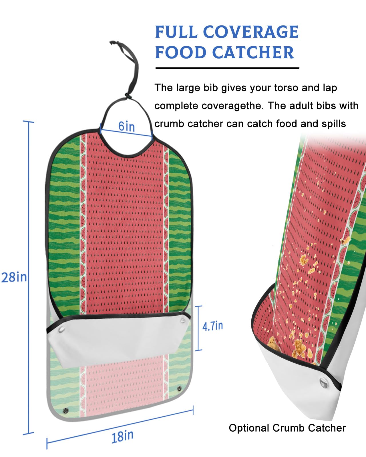 LEOKOTI Summer Watermelon Adult Bibs for Eating, Waterproof Bibs with Food Catcher & Adjustable Snap Closure, Farmhouse Red Teal Striped Washable Clothing Protectors Adult Bibs for Elderly Women/Men