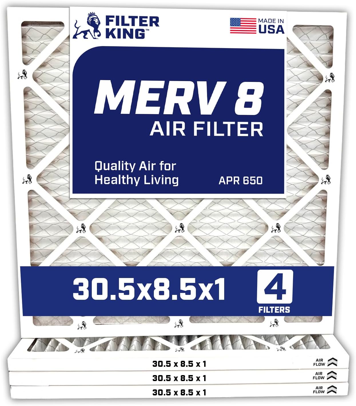 Filter King 30.5x8.5x1 Air Filter | 4-PACK | MERV 8 HVAC Pleated A/C Furnace Filters | MADE IN USA | Actual Size: 30.5 x 8.5 x .75"