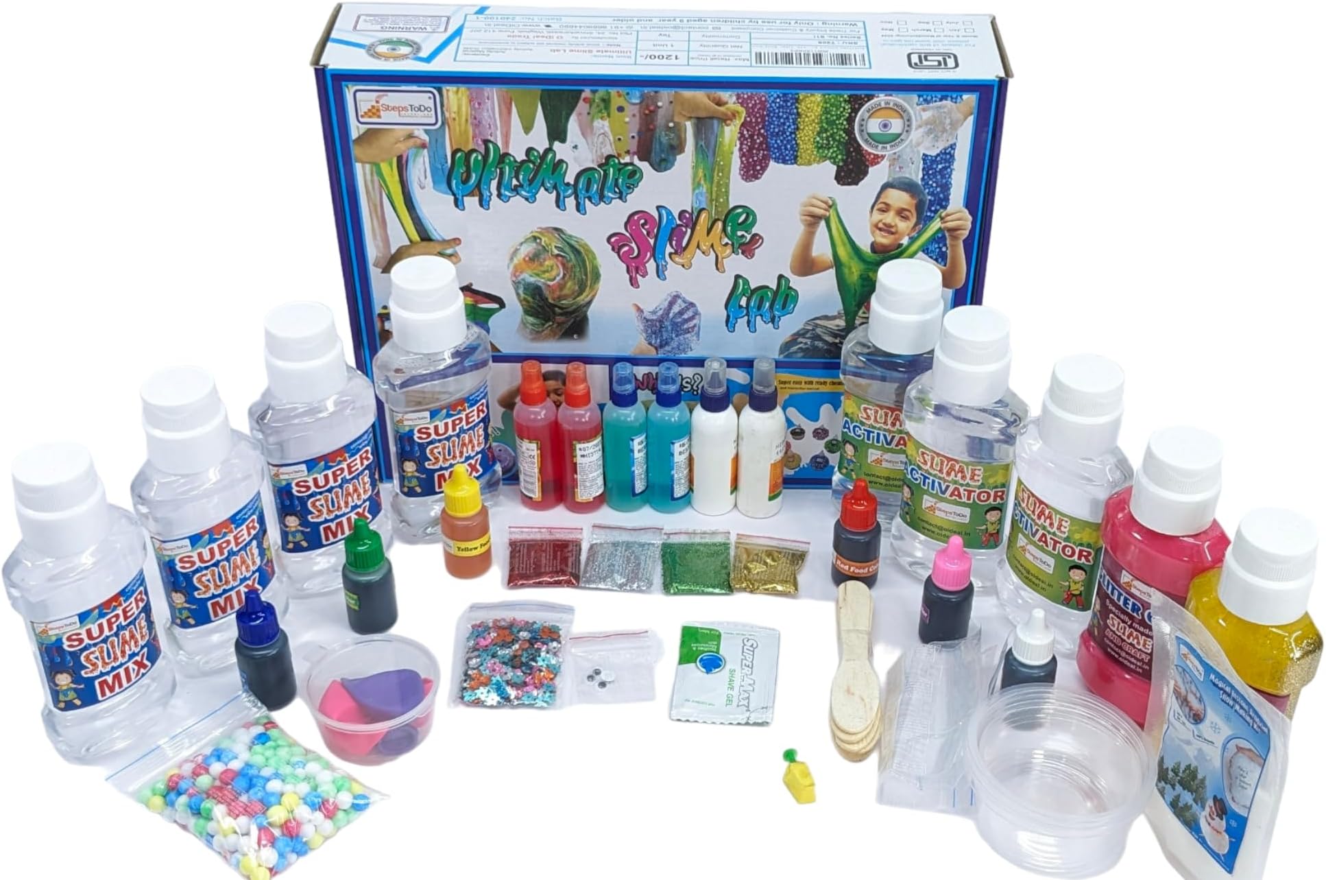 StepsToDo Ultimate Slime Lab. All in One. Jumbo Kit with Around 3 Kg of Content. Make 50+ Slime. Learn Basics of Chemistry. with Activity Booklet. Unicorn Rainbow, Foamy, Crunchy Glitter