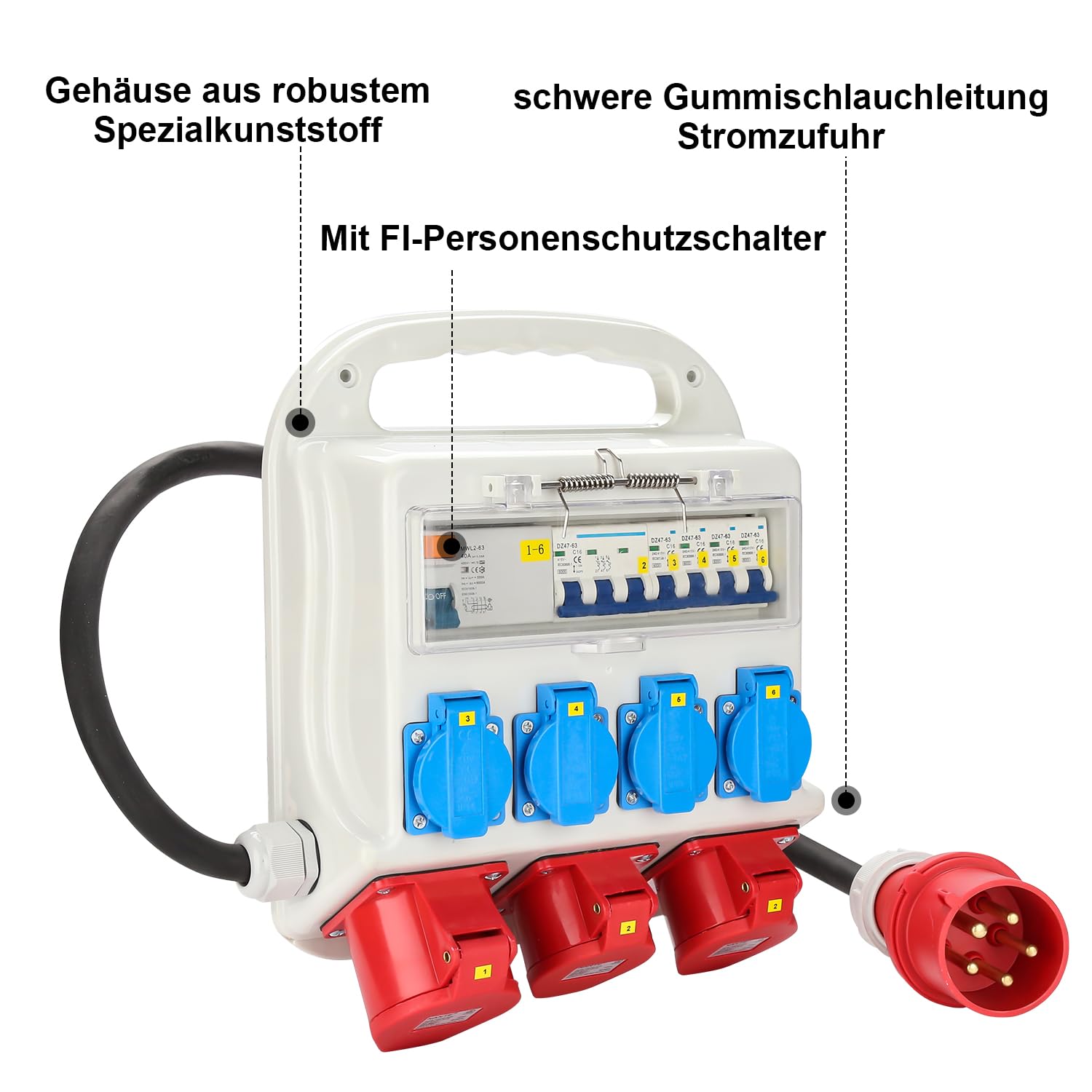 Distribuitor De Curent Trifazic MIXO CEE Maxim 11kW Intrare 5 Poli 16A 400v Iesire 5 Poli 16a 400v Si 3 Prize Schuko 230v Ip44
