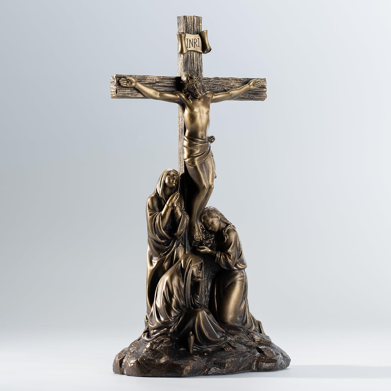 DevotedWalls Standing Crucifix Wall Cross, 12" H Crucifixion of Jesus Christ Scene Statue,Catholic Figurine Jesus with Virgin Mary,INRI Cross for Home Altar(Bronze Color)