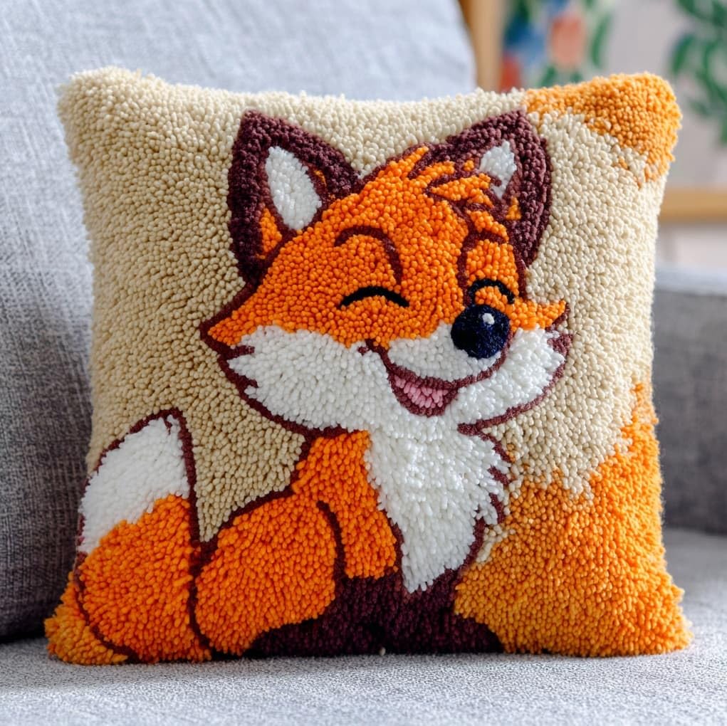 WallustrioaW Latch Hook Pillow Kits 43x43cm,Cute Little Fox