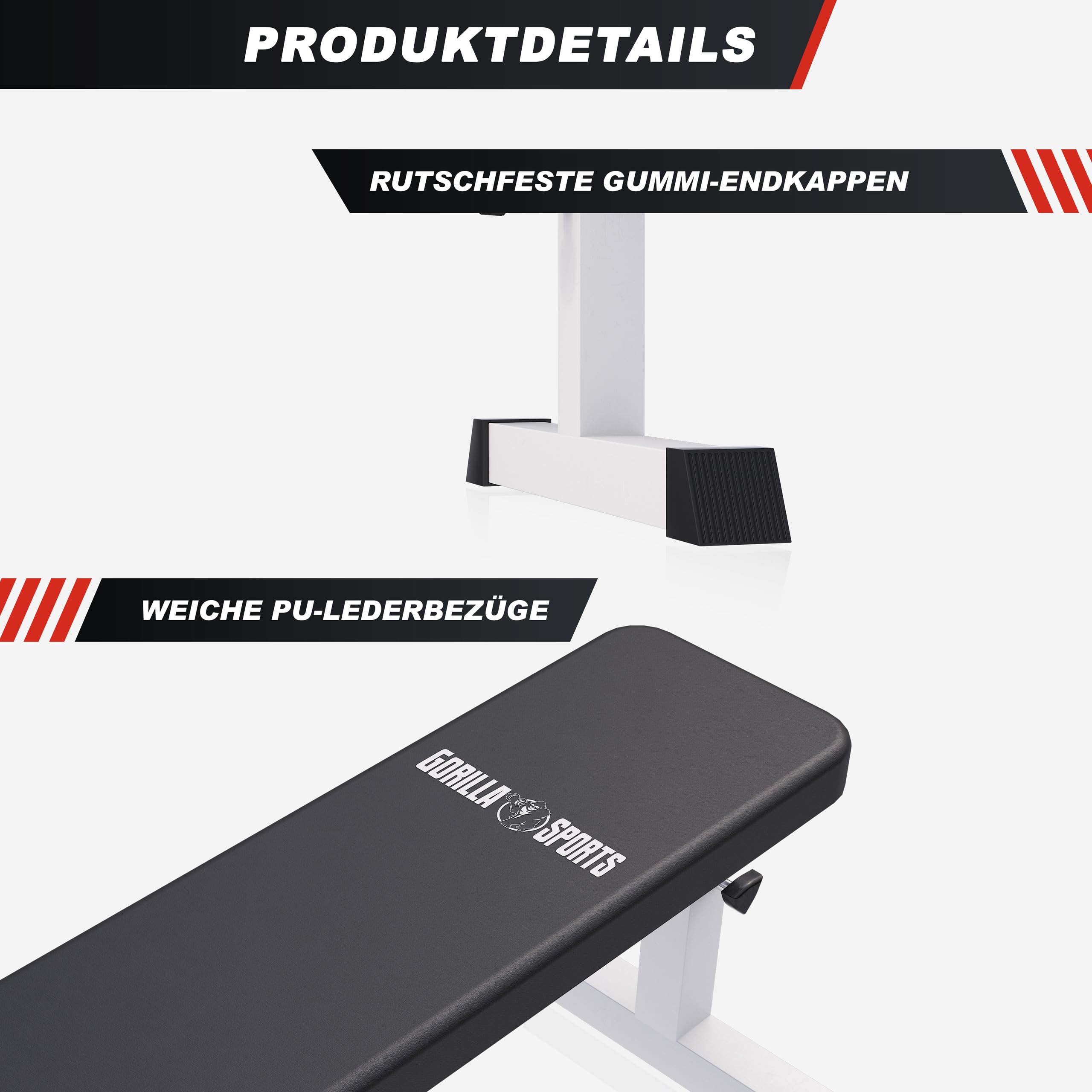 GORILLA SPORTS® Banc de Musculation - Hauteur Réglable, 104,5 x 50 x 41 à 46 cm, Charge max. 200 kg, en Blanc - Banc d' Entraînement, Maison, d'Haltérophilie, Plat, Gym, Fitness