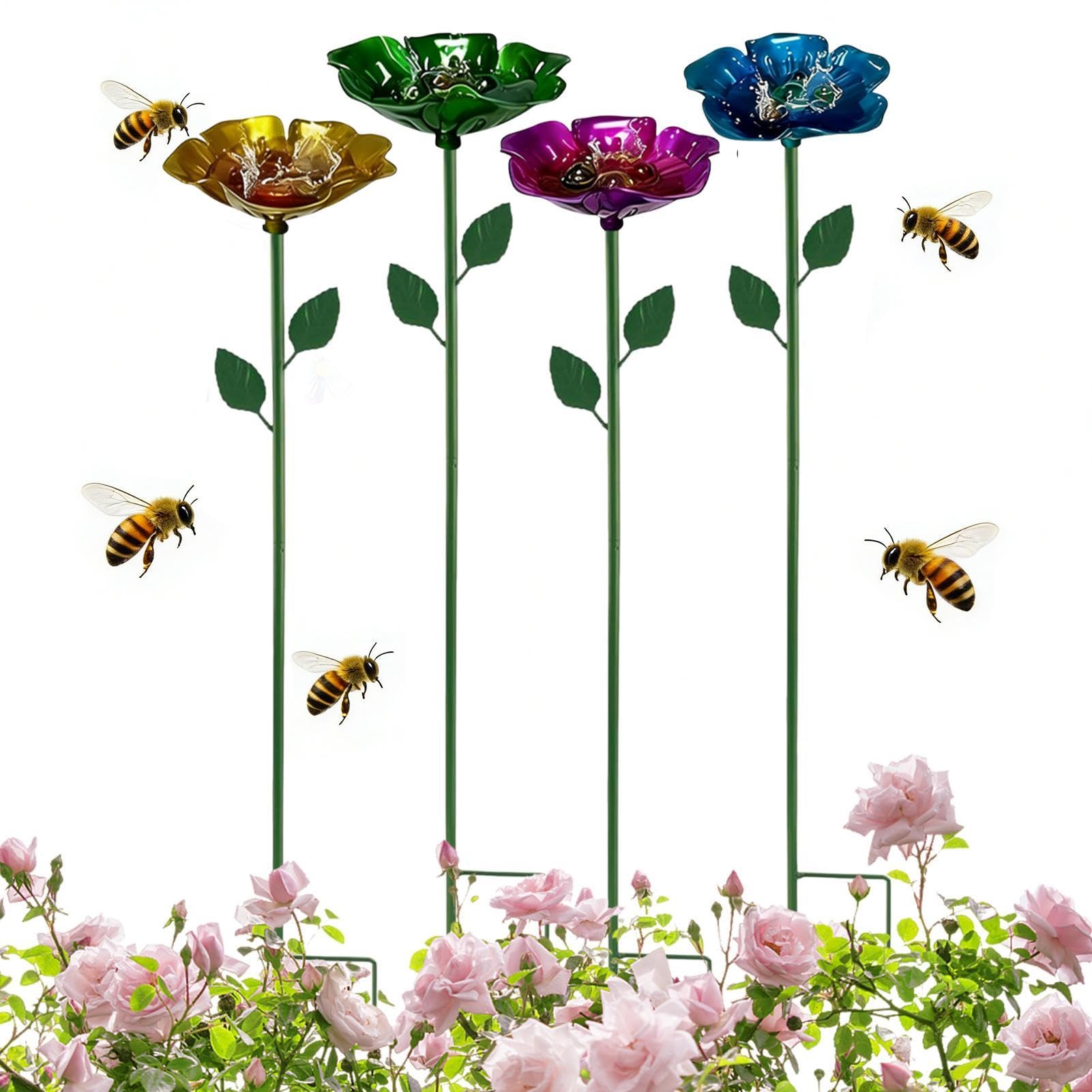 Set of 4 Bee Watering Station - Metal Flower Water Feeder for Bees and Pollinators, Outdoor Garden Hydration Solution for Backyard, Farm, Patio, Lawn, Pathway, Driveway, Balcony, Rust-Resistant Design