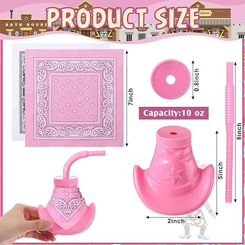 Miniatura 2 de Gerrii 12 tazas de sombrero de vaquero con tapas y pajitas, vasos de plástico de 10 onzas para fiestas temáticas occidentales con mini bandanas para