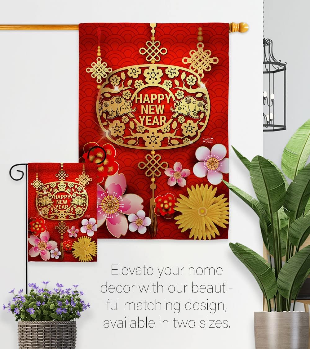 Chinese Ox Year Patio Decor Banner Wall Art Flag Poles for Outside House Stand Outdoor Garden Tapestry Yard Signs Lunar New Year Gifts Chinese Decorations Made in USA