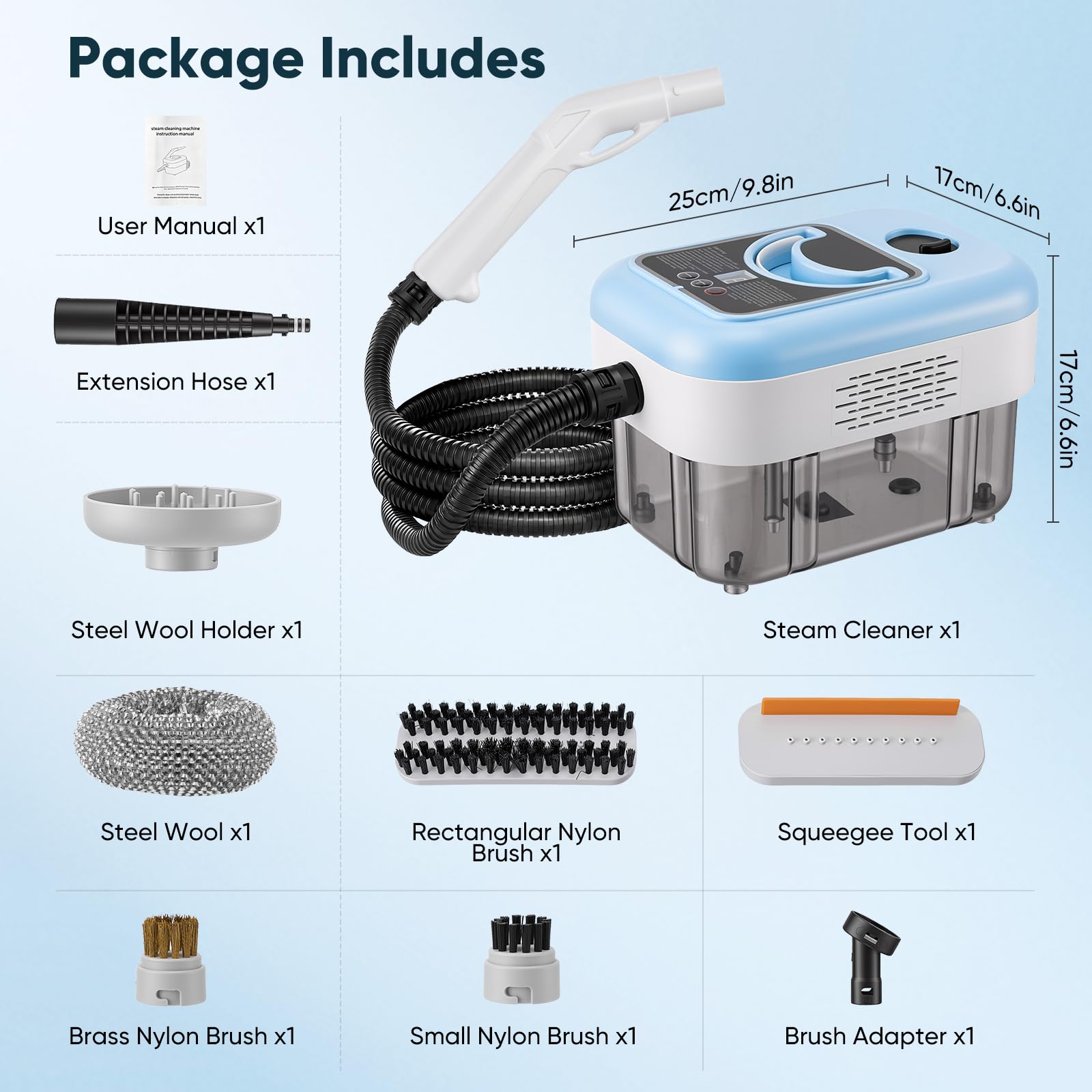 Limpiador a Vapor 2000 W, 6 Cepillos, Tanque de 2.5 L, limpiador vapor Portátiles de 3 Barras, con 3 Velocidades Regulables, para Ventanas, Campanas, Telas