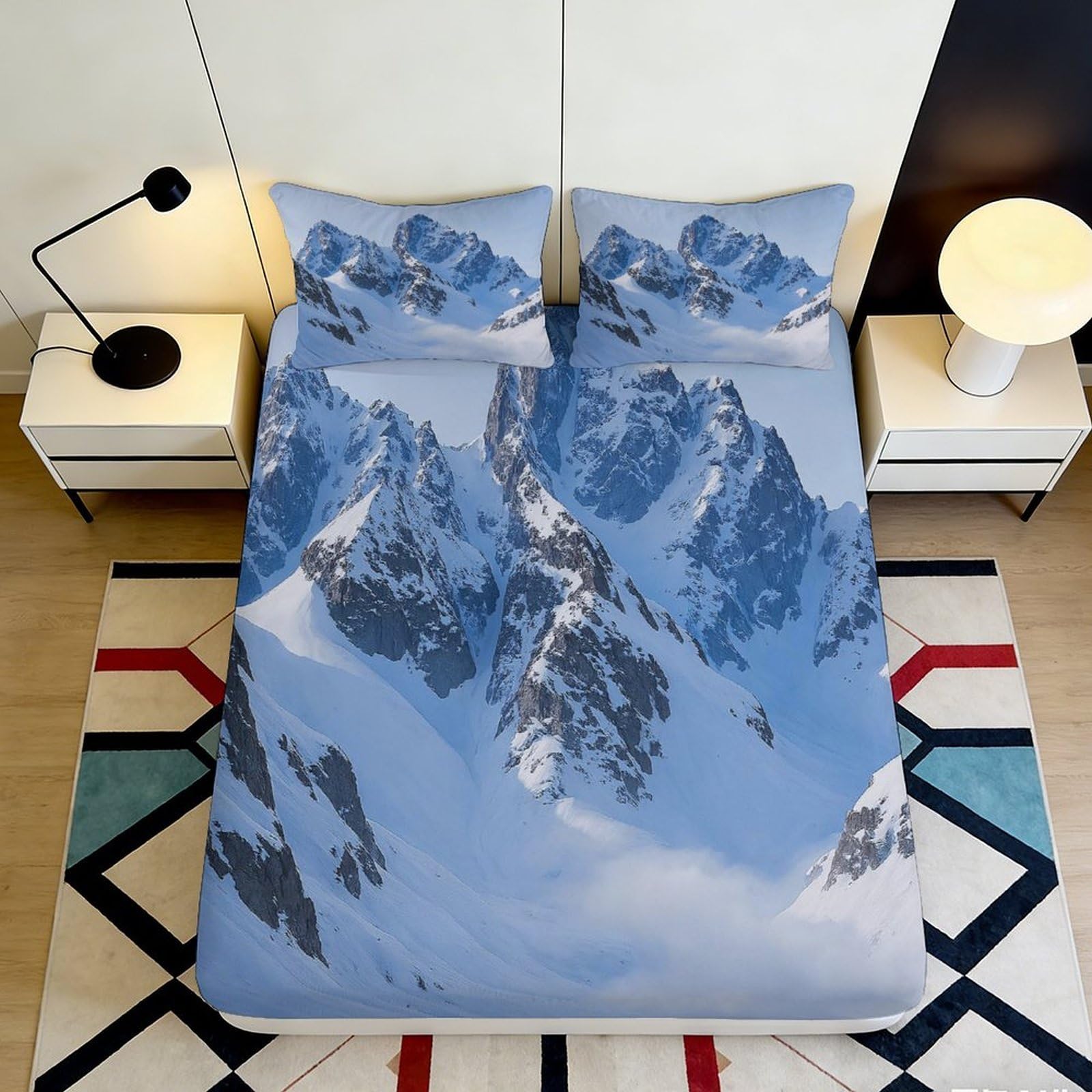 3D Printed Mountain Snow Fitted Sheet Microfiber Soft Blue Peaks Bed Cover for Bedroom Dorm Mattress Decor 90x200x25cm