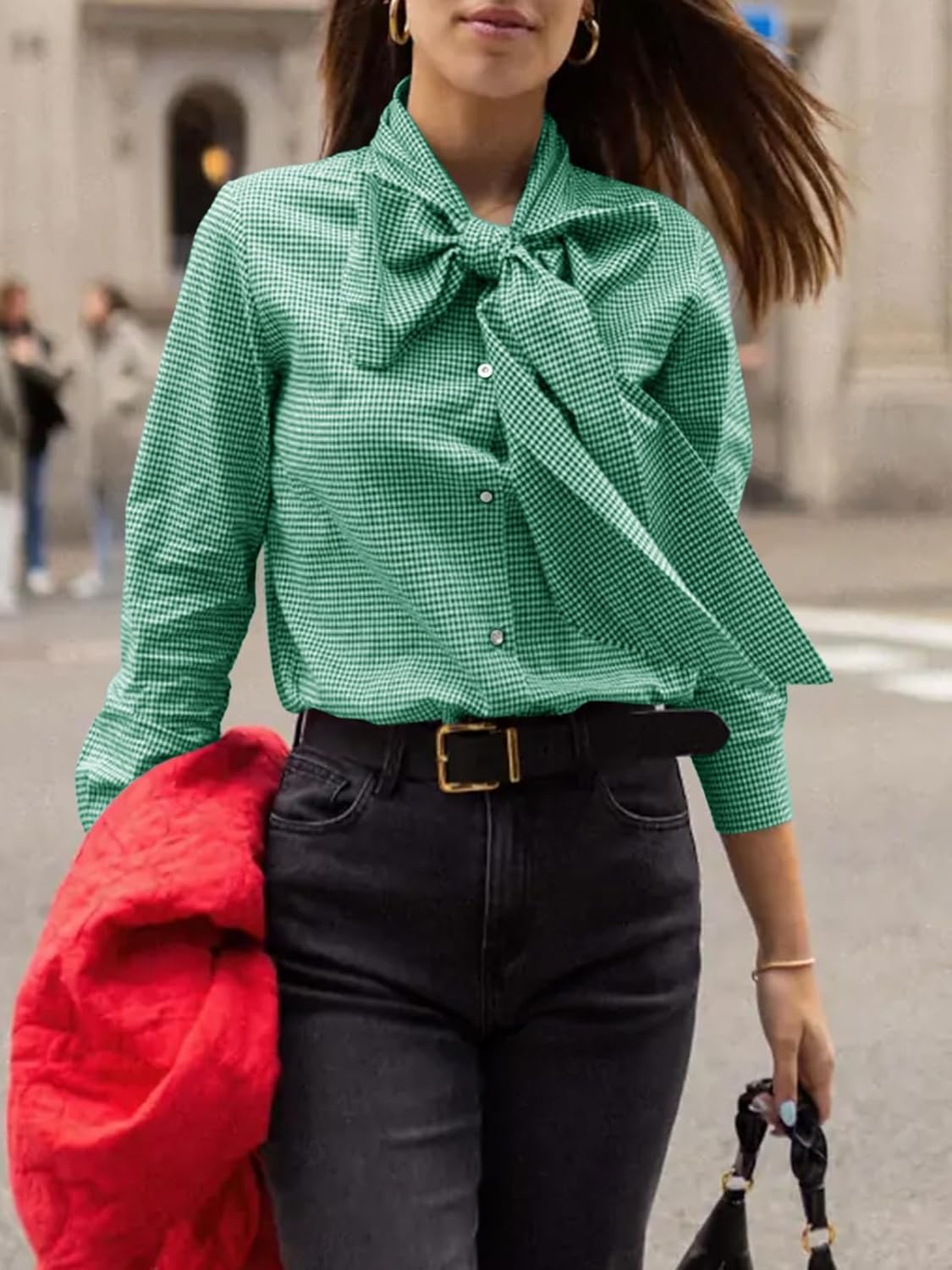 Cicy Bell Womens Plaid Shirts Bow Tied Neck Button Down Long Sleeve Casual Dressy Blouse Tops - Image 4