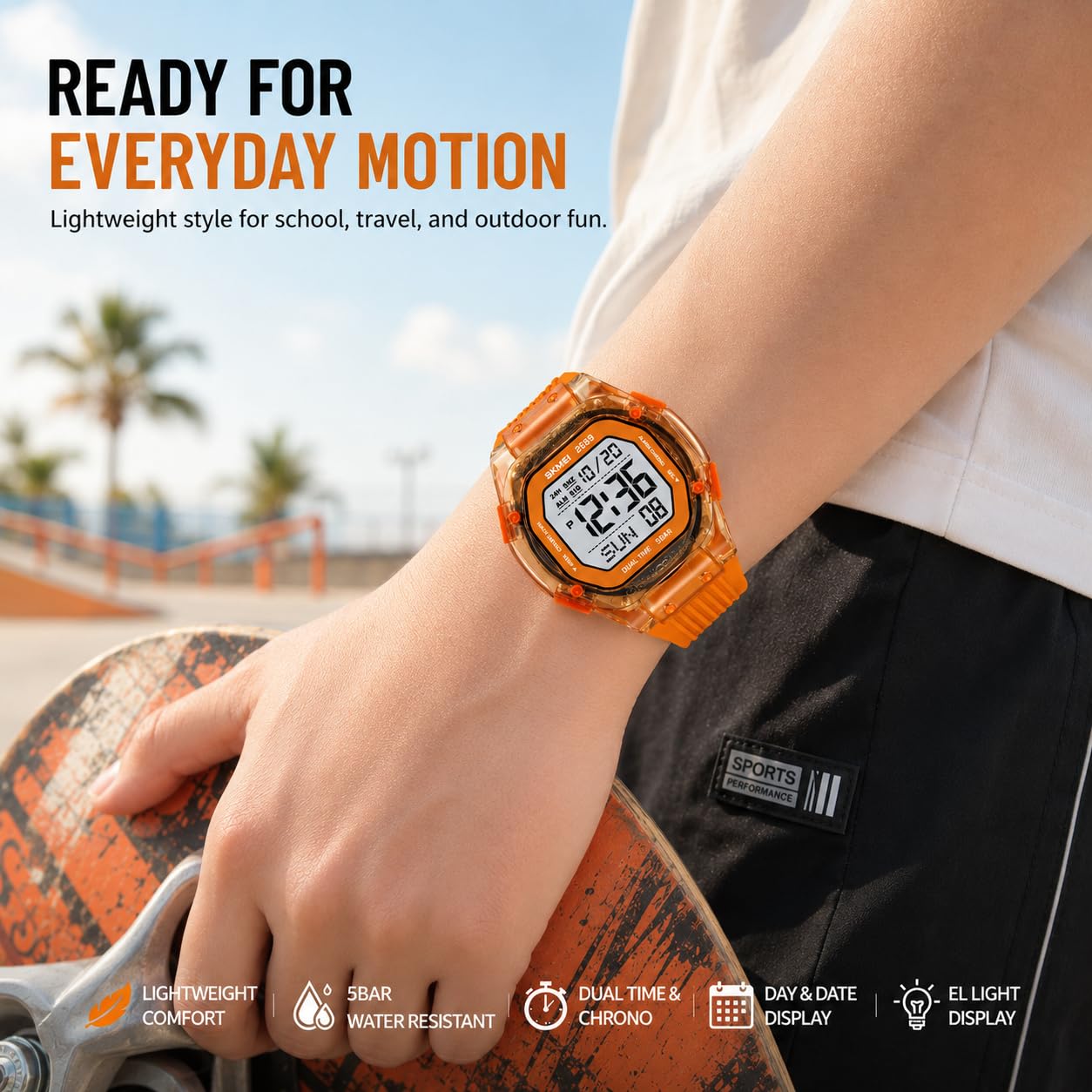 Gosasa Orologio sportivo digitale alla moda, impermeabile fino a 50 m, con cassa quadrata trasparente, leggero, per attività all'aperto, per donne e uomini, con retroilluminazione EL, doppio fuso