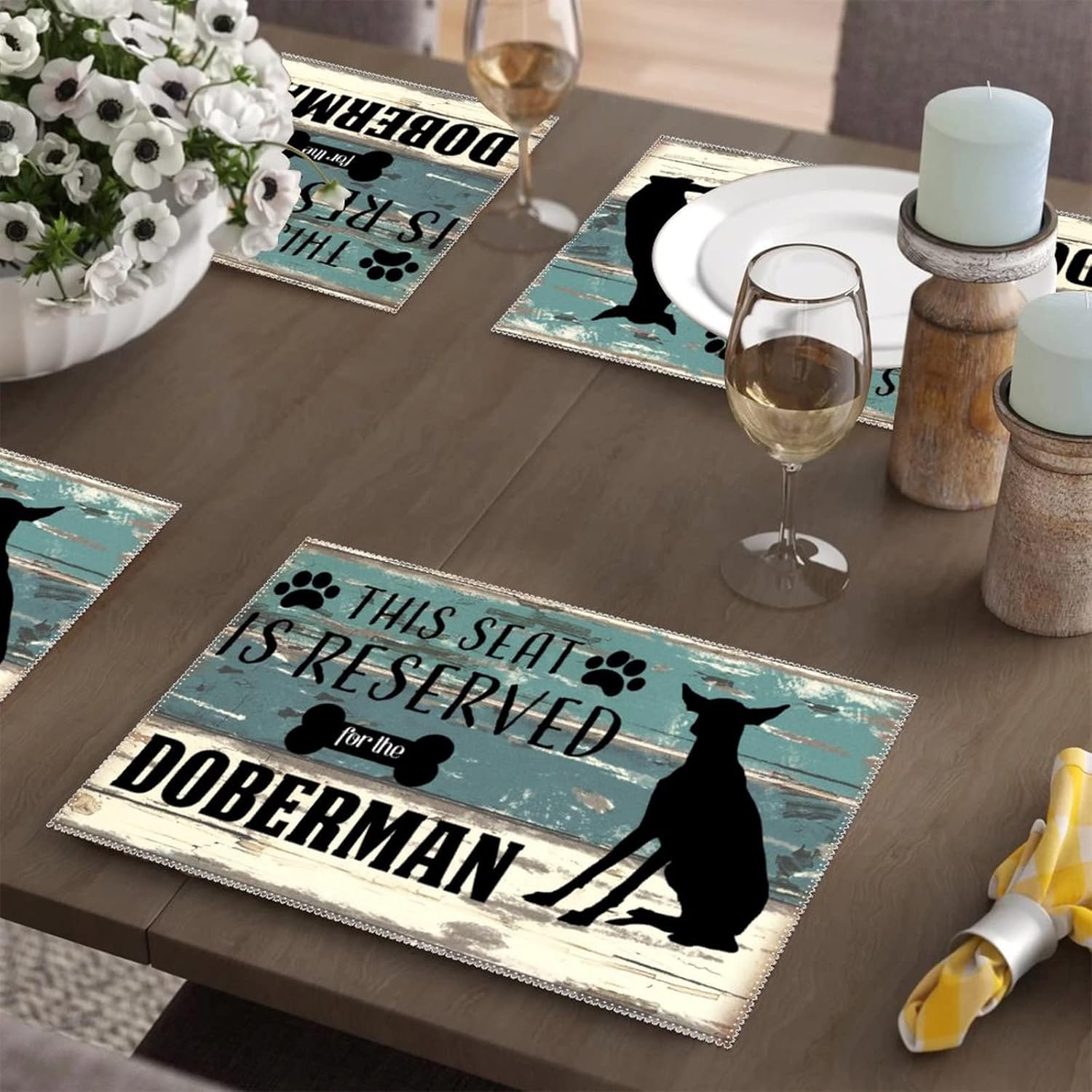 Place Mats Set of 6 This Seat is Reserved for The Doberman Farmhouse Placemats Heat-Resistant Tablemats Dog Paw Table Mat Kitchen Table Mats Easy to Clean