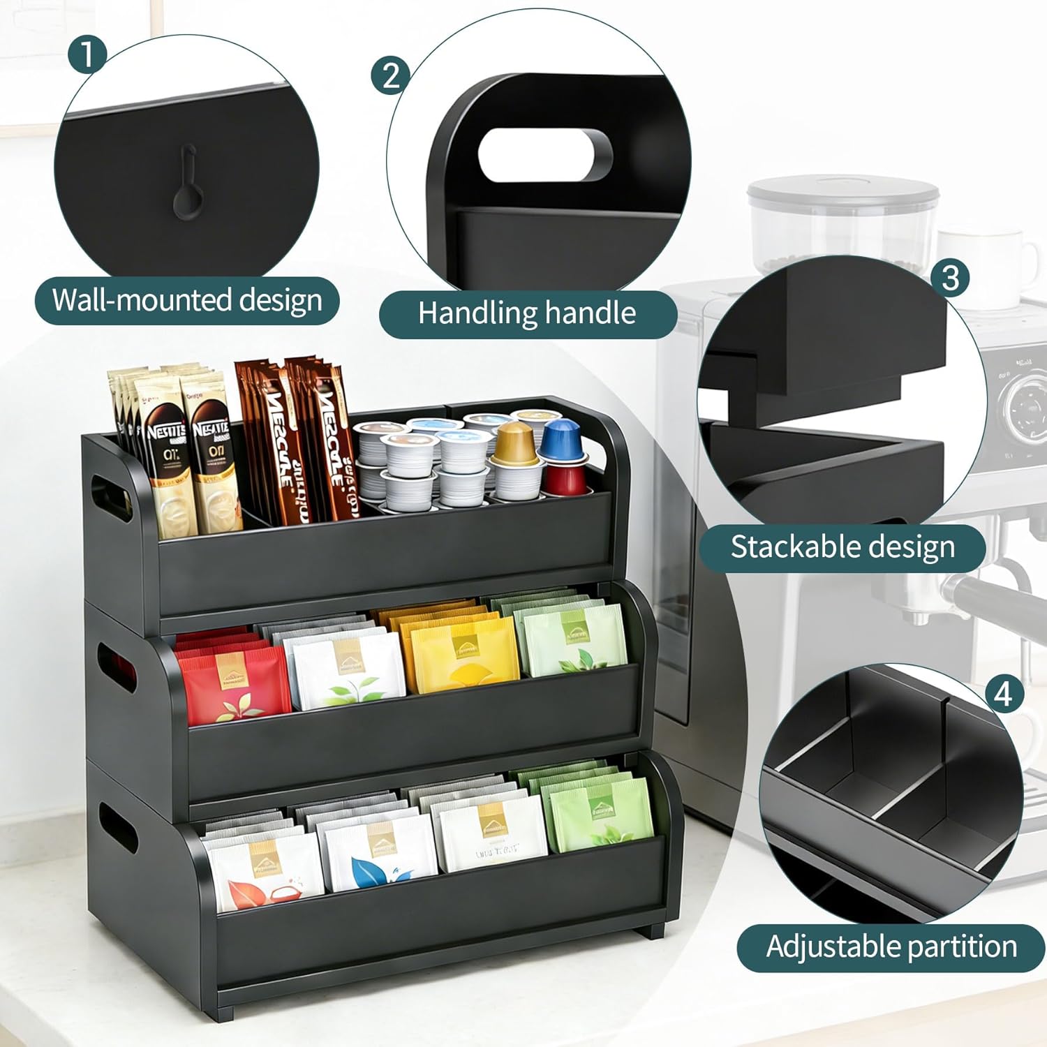 3 Layer Stackable Tea Bags Organizer,Bamboo Tea Organizer Display Rack,Large Capacity Tea Storage Box to Pantry,for Pantry Kitchen Office Coffee Station Restaurants Bars (black)