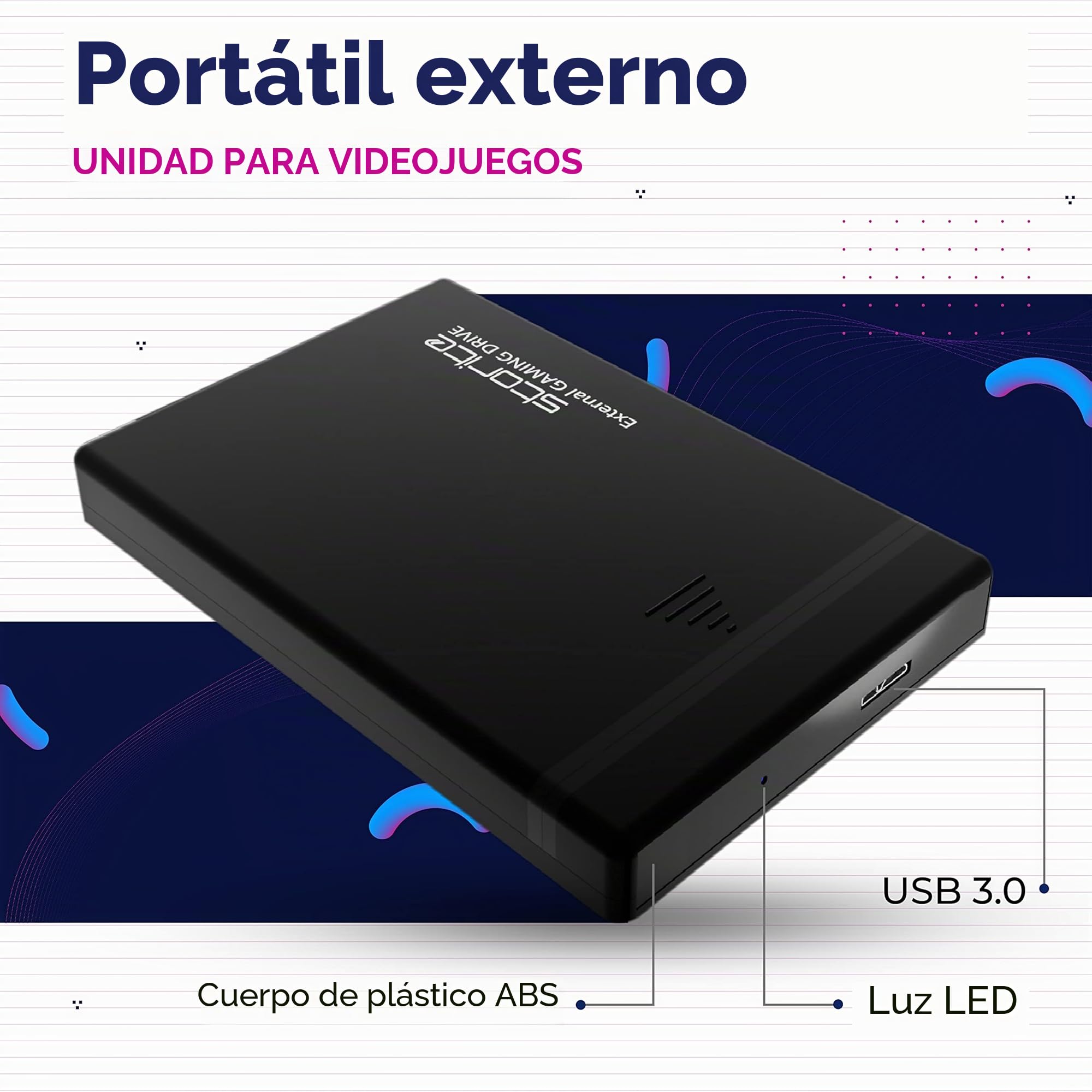 Storite Disco Duro Externo 1 TB para Juegos, USB 3.0, para PC - Negro | Diseño portátil con Plug & Play e indicador LED, ideal para guardar archivos, copias de seguridad y contenido multimedia.