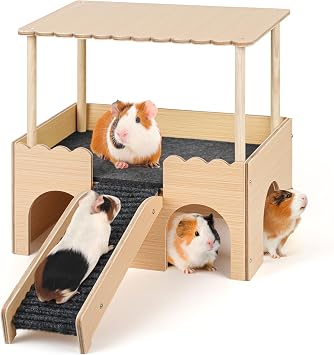2 Tier Small Animal Hideout with Roof, Stairs and Mats, Large Castle House for Guinea Pigs, Hamsters, Rabbits, Chinchillas Grey