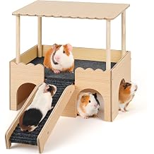 2 Tier Small Animal Hideout with Roof, Stairs and Mats, Large Castle House for Guinea Pigs, Hamsters, Rabbits, Chinchillas Grey