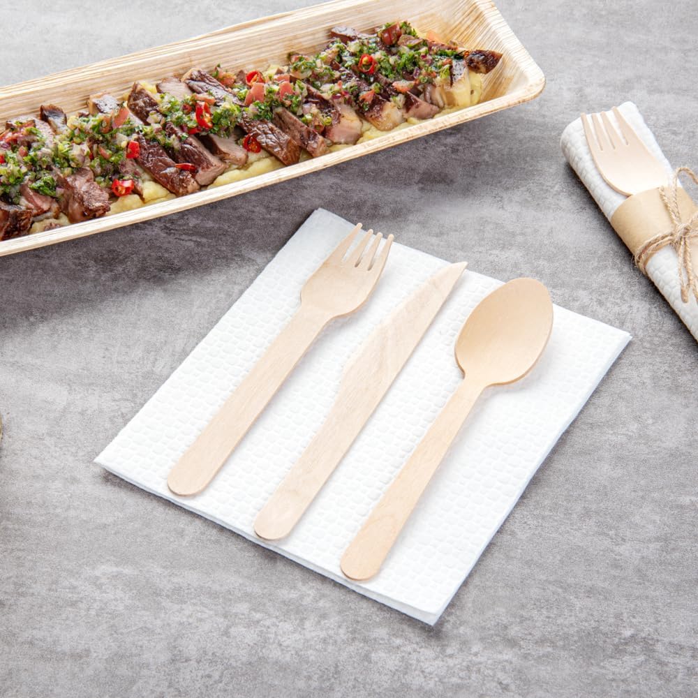 Restaurantware Wood Cutlery Set with Napkin - Tied with Twine - Great For Parties or Catering - Utensil Set - Wooden Fork Knife Spoon and Napkin - 100 ct Box