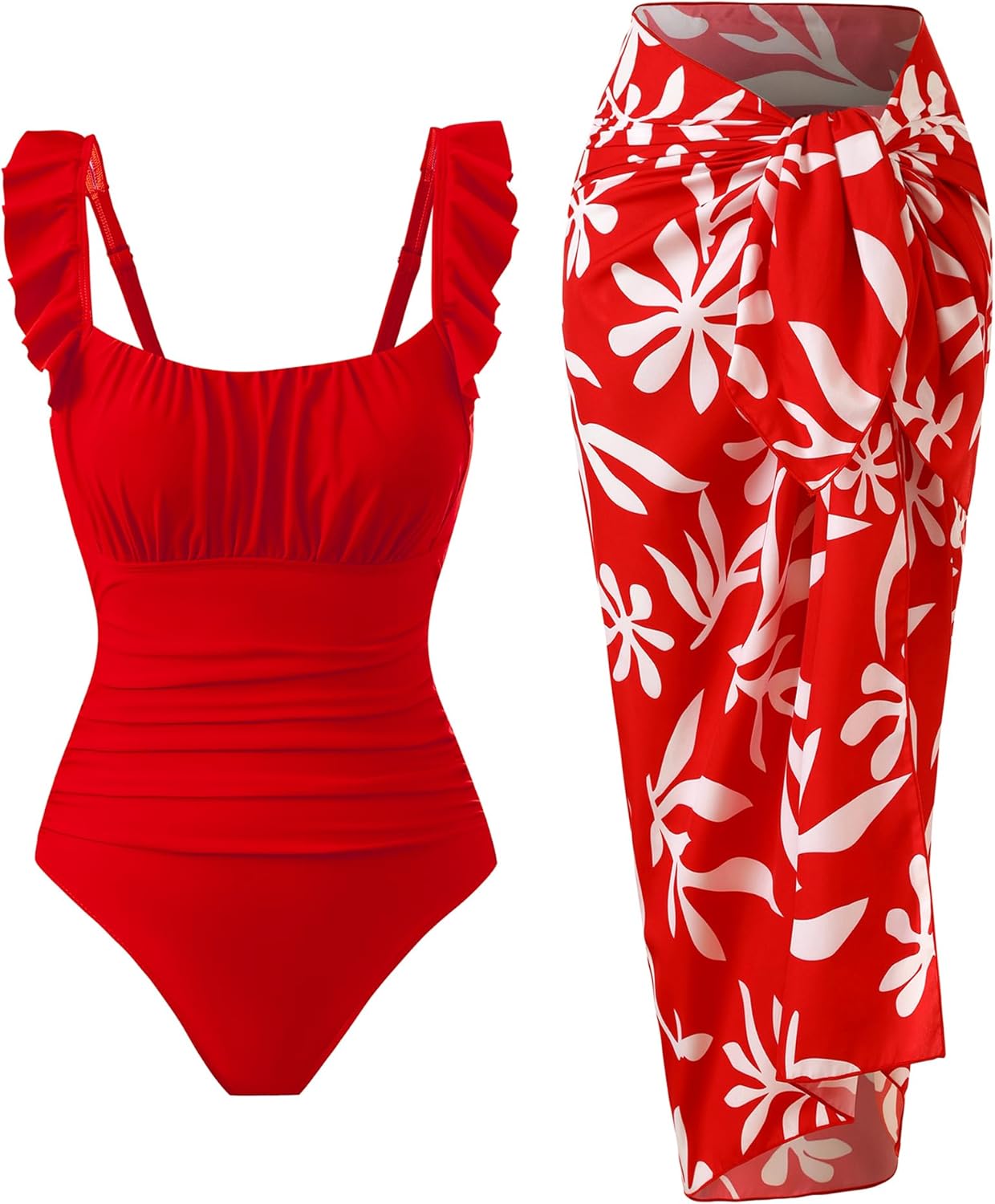 Women's Vintage One Piece Swimsuit with Skirt 2 Piece Bathing Suit Set with Cover Up Tummy Control Slimming Swimwear