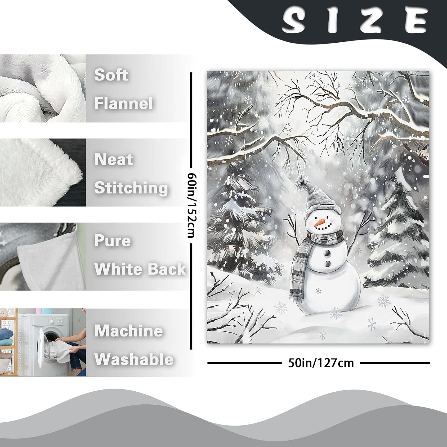 Winter Snowman Flannel Throw Blanket, Snowy Christmas Tree Birthday Gifts for Kids Men Women, Snowflake Soft Blankets for Bedding Sofa 50 x 60 Inches - Image 3
