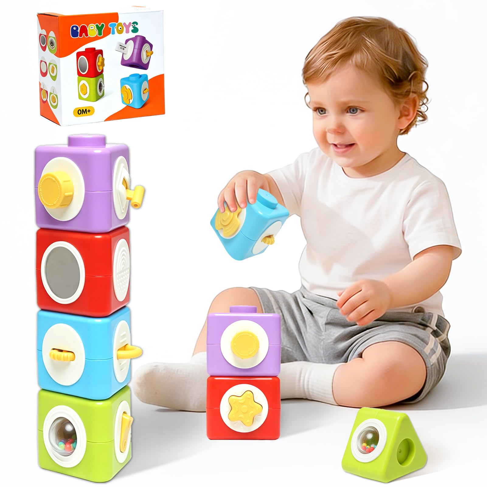 JoyLife Montessori kostka motoryczna i zabawka do układania w stos od 1 roku, 12 w 1, klocki sensoryczne, zabawka podróżna do samolotu i samochodu, prezent dla małych dzieci w wieku 1-2 lat, dla