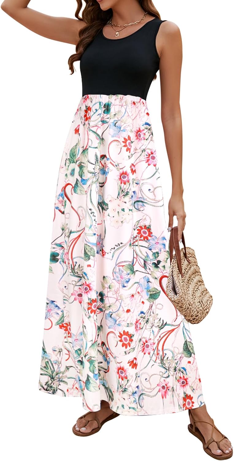 Sherosa Women Boho Chevron Striped Floral Printed Summer Sleeveless Tank Long Maxi Party Dress