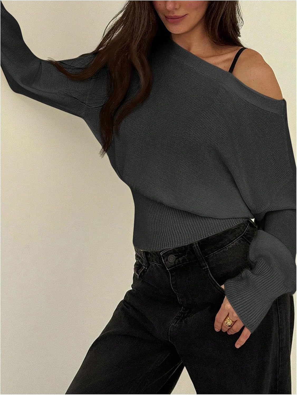 Women's Off The Shoulder Sweater Long Sleeve Knit Pullover Cinched Waist Tops Trendy Fall Outfits - Image 4