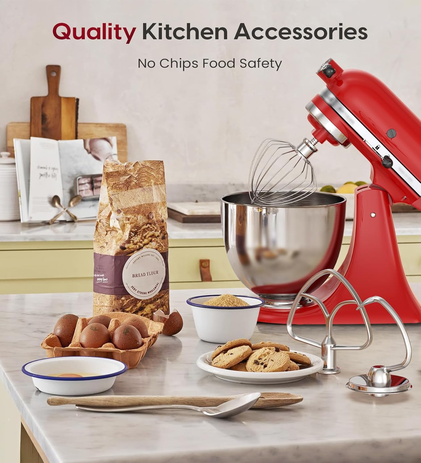 Stainless Steel Accessories 3 Piece Kit for KitchenAid 4.5 and 5 Quart Tilt-Head Stand Mixers, Includes 4.5-5QT Flat Beater, Dough Hook, K45WW 6-Wire Whisk for Kitchen Aid Attachments & 4.5-5 Qt Bowl